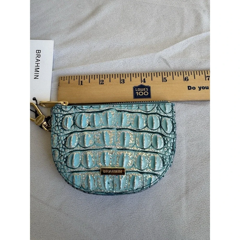 Brahmin Britt Arctic Blue Melbourne Croc Leather Clip On Coin Holder Charm Gold